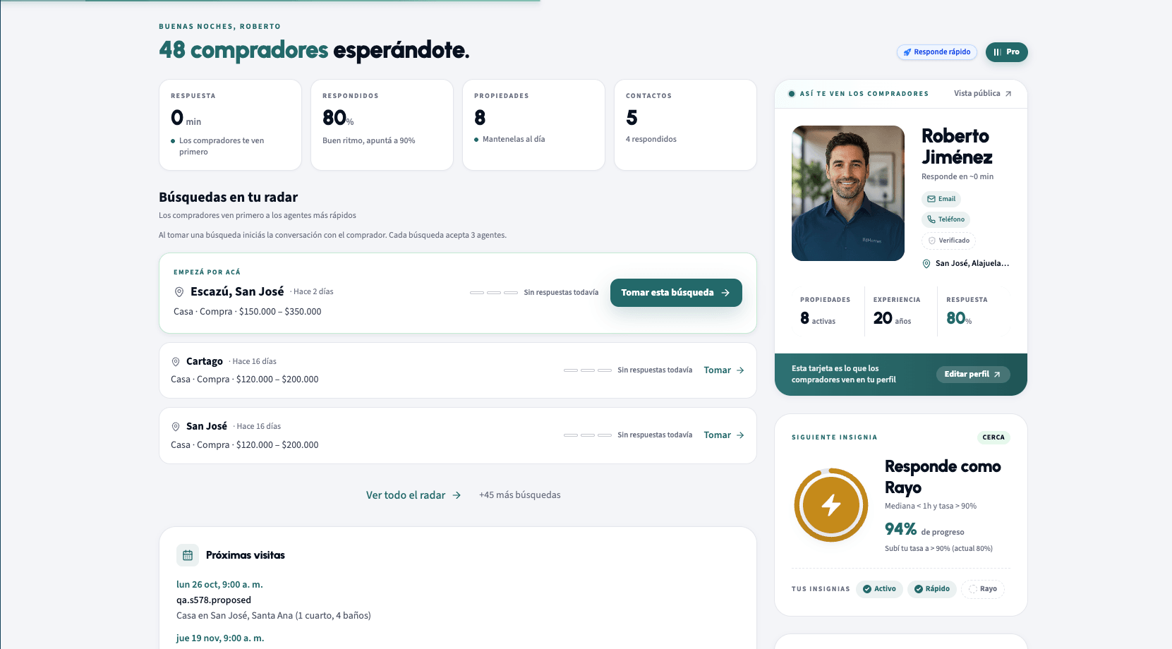 Panel del agente en IkiHomes, con solicitudes, visitas y estado del pipeline